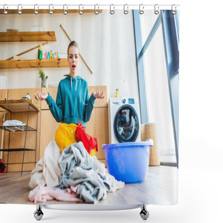 Personality  Shocked Young Woman Looking At Laundry Shower Curtains