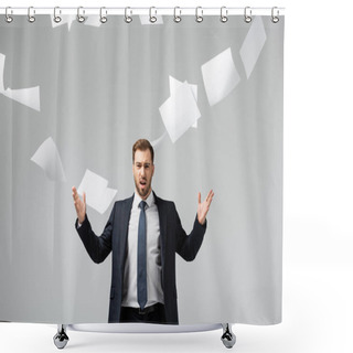 Personality  Displeased Businessman In Suit Throwing Papers In Air Isolated On Grey Shower Curtains