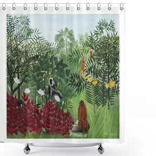 Personality  Tropical Forest With Monkeys Vintage Illustration Wall Art Print And Poster Design Remix From Original Artwork By Henri Rousseau.. Shower Curtains