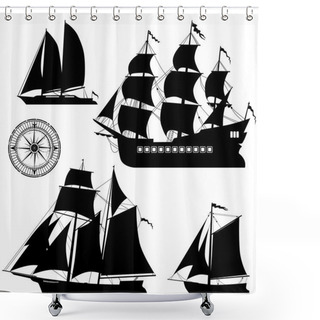 Personality  Yacht And Old Pirate Ships - Vector Set Shower Curtains