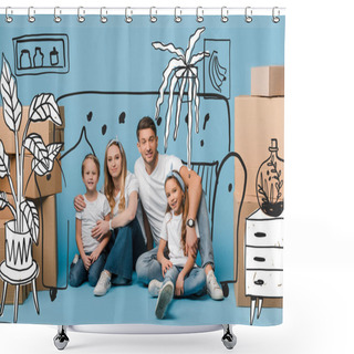 Personality  Happy Parents Hugging Kids And Sitting On Blue With Cardboard Boxes For Relocation, Interior Illustration Shower Curtains
