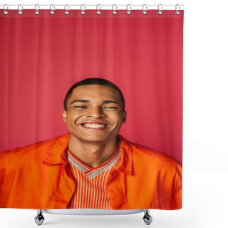 Personality  Optimistic African American Man Smiling At Camera On Red Background, Orange Shirt, Portrait Shower Curtains