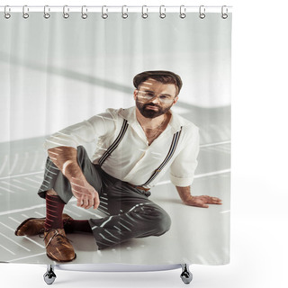 Personality  Bearded Man In Glasses And Cap Sitting On Floor And Looking At Camera Shower Curtains