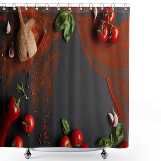 Personality  Top View Of Red Cherry Tomatoes, Garlic Cloves, Paprika Powder, Basil Leaves And Rosemary On Black Shower Curtains