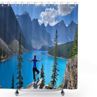 Personality  Woman In Yoga Pose At Alpine Lake And Mountains.  Shower Curtains