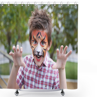 Personality  Cute Little Boy With Aqua Makeup Of Tiger Muzzle Shower Curtains