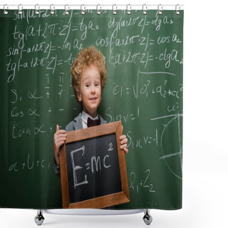 Personality  Happy Kid In Suit And Bow Tie Holding Small Blackboard With Formula Near Chalkboard  Shower Curtains