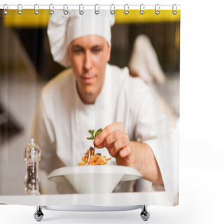 Personality  Chef Decorating Pasta Salad With Herbal Leaves Shower Curtains