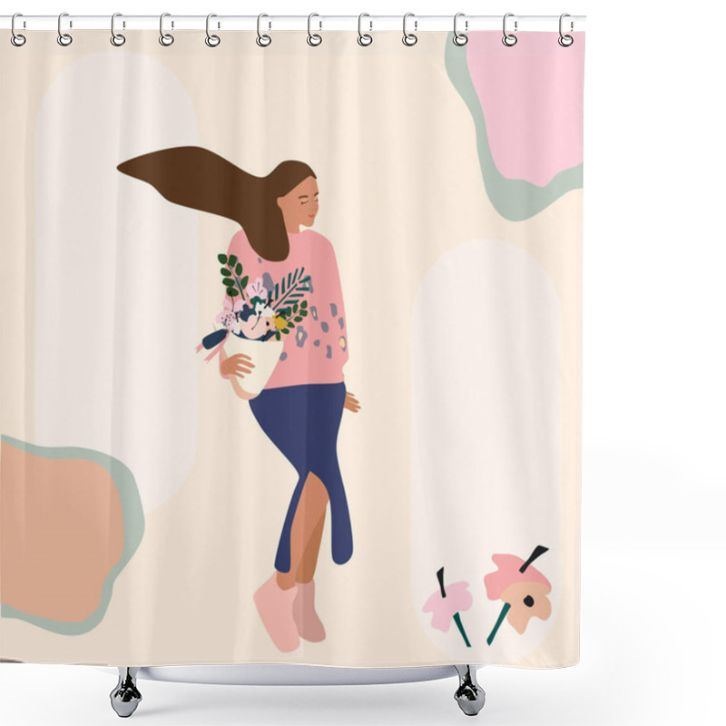 Personality  A girl in a skirt with a slit carries a bouquet of flowers. Gift concept, International Women's Day. Flower shop template.Hand drawn vector illustration leopard print sweater,fluttering hair,abstract. shower curtains