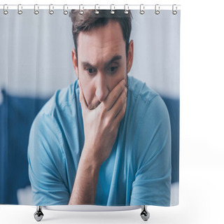 Personality  Selective Focus Of Stressed Man Covering Mouth With Hand At Home Shower Curtains