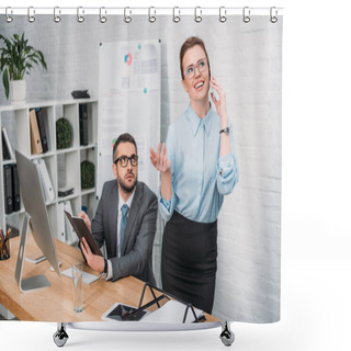 Personality  Businessman Trying To Work While His Colleague Talking By Phone And Annoying Him Shower Curtains