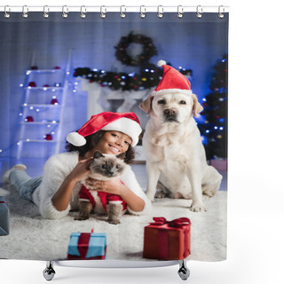 Personality  Cheerful African American Girl Cuddling Fluffy Cat While Lying On Floor Near Labrador Dog On Blurred Background Shower Curtains