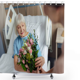 Personality  Daughter Presenting Flowers To Happy Senior Woman In Hospital Shower Curtains