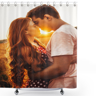 Personality  Side View Of A Woman With Long Red Hair Kissing Her Husband At An Outdoor Meeting. Posing Against The Bright Background Shower Curtains