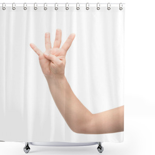 Personality  Cropped View Of Woman Showing Four Fingers Gesture Isolated On White Shower Curtains