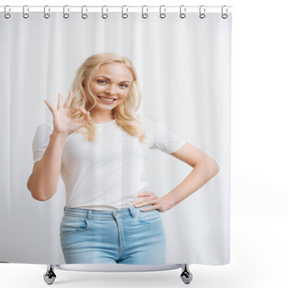 Personality  Happy Woman Holding Hand On Hip And Showing Okay Gesture At Camera Isolated On White Shower Curtains