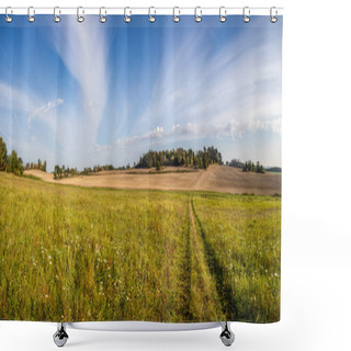 Personality  Autumn Landscape With Dirt Road Between Meadows And Fields, Trees And Blue Sky With Amazing White Clouds - Czech Republic, Europe Shower Curtains