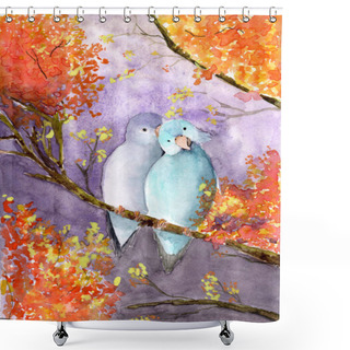 Personality  Watercolor Illustration Of Parrot's Couple Sitting On The Branch With Yellow And Orange Tree Leaves Shower Curtains