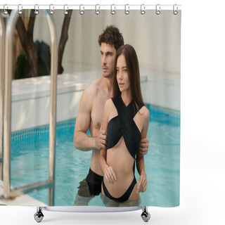 Personality  Shirtless Man Embracing Charming Woman With Sexy Swimwear And Standing Together In Swimming Pool Shower Curtains