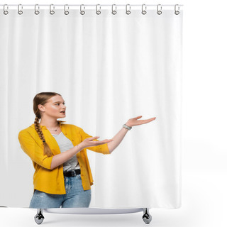 Personality  Pretty Girl With Braid Pointing With Hands Aside Isolated On White Shower Curtains