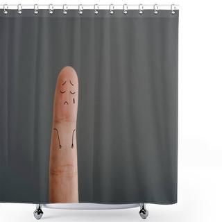 Personality  Cropped View Of One Lonely Finger Crying Isolated On Grey Shower Curtains