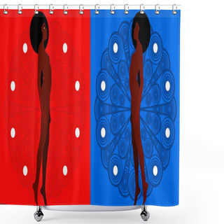 Personality  Conceptual Illustration Of Two Afro-Colombian Women On A Colored Background Of Handmade Filigree Design. Cultural Diversity, Contrast, Latin Deities. Shower Curtains