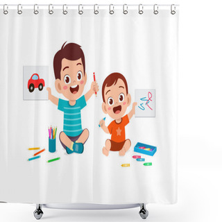 Personality  Cute Little Boy Drawing Together With Baby Sibling Shower Curtains