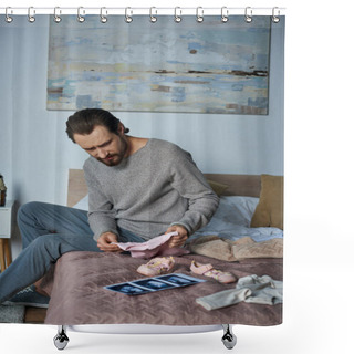 Personality  Loss, Depressed Man Sitting On Bed Near Baby Clothes And Ultrasound Scan, Miscarriage Concept Shower Curtains