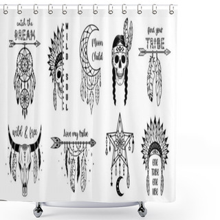 Personality  Native American Symbols And Signs Set. Tribal Design Collection. Boho Vector Illustration. Indian Prints. Shower Curtains