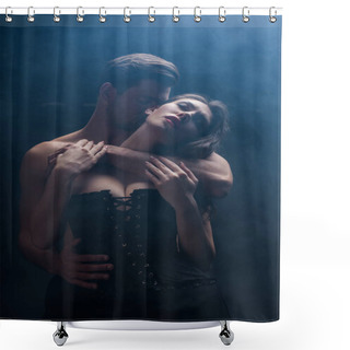 Personality  Handsome Man Kissing And Hugging Seductive Woman In Corset On Black Background With Smoke Shower Curtains