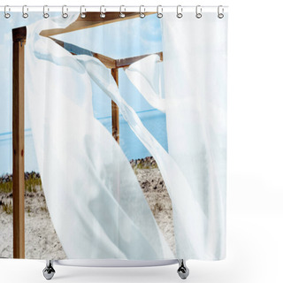 Personality  Close Up View Of Wooden Decoration With White Curtain Lace, Blue Cloudy Sky And River On Background Shower Curtains