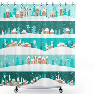 Personality  Winter Banners With Cartoon Houses Shower Curtains