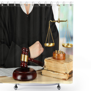 Personality  Judge Sitting At Table During Court Hearings On Room Background Shower Curtains