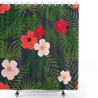 Personality  Seamless Pattern With Tropical Green Leaves And Colorful Flowers Shower Curtains