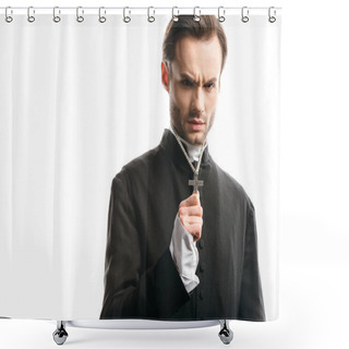 Personality  Serious, Strict Catholic Priest Showing Holy Cross On His Necklace Isolated On White Shower Curtains