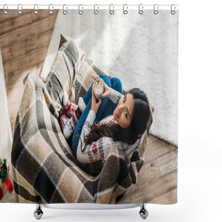 Personality  Woman Enjoying Hot Chocolate With Marshmallow Shower Curtains