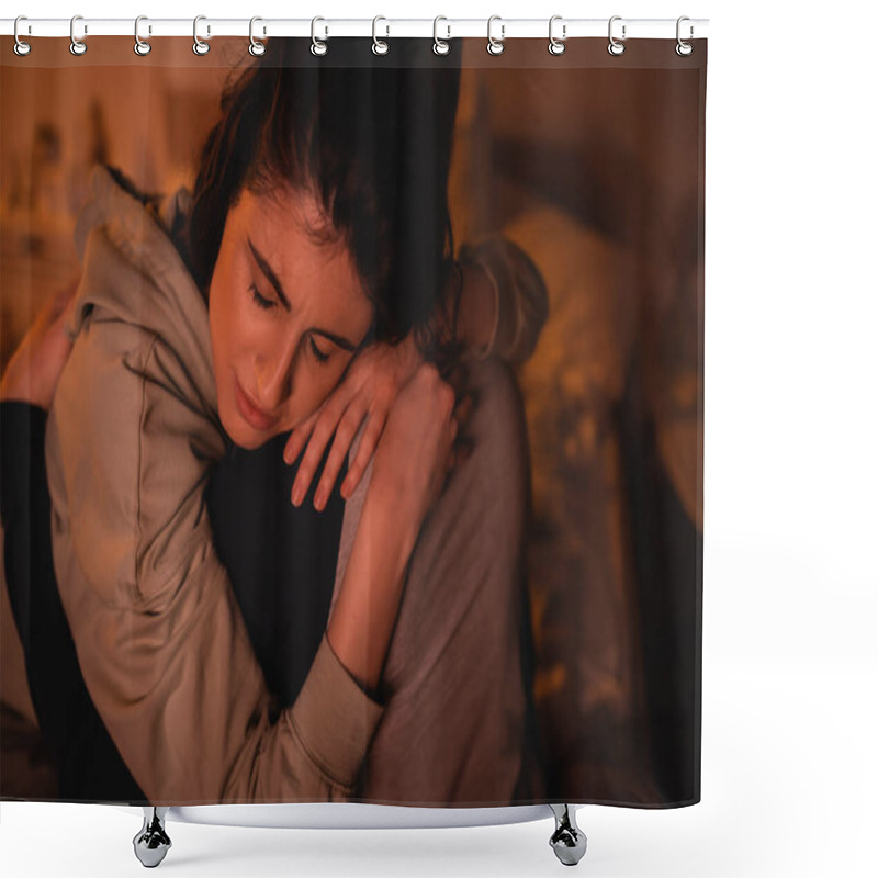 Personality  Displeased Woman Embracing Boyfriend In Bedroom At Night  Shower Curtains