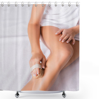 Personality  Cropped View Of Woman Wrapped In White Towel Exfoliating Skin On Leg  Shower Curtains