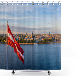 Personality  Huge Latvian Flag Flutters On Wind With Riga Old Town In The Background In Latvia. Patriotic Video. Shower Curtains
