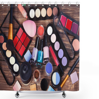 Personality  Cosmetics On Wooden Table. Shower Curtains