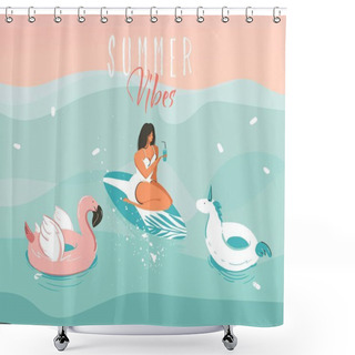 Personality  Hand Drawn Vector Stock Abstract Graphic Illustration With A Girl In A Swimsuit Swimming With A Unicorn And Flamingo Rubber Ring Isolated On Ocean Wave Background Shower Curtains