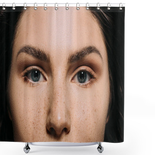 Personality  Close Up Of Attractive Girl With Freckles On Face  Shower Curtains