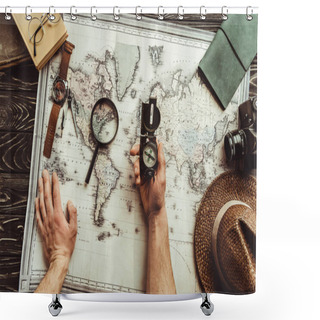 Personality  Partial View Of Man With Compass At Tabletop With Map, Magnifying Glass, Photo Camera And Hat Shower Curtains