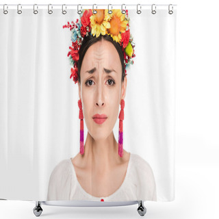 Personality  Upset Brunette Young Woman In National Ukrainian Embroidered Shirt And Floral Wreath Isolated On White Shower Curtains