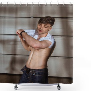 Personality  Sexy Muscular Man In Jeans Taking Off White T-shirt Shower Curtains