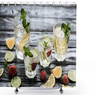 Personality  Close-up View Of Glasses With Fresh Cold Summer Cocktails On Wooden Table Shower Curtains