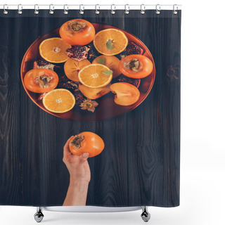 Personality  Cropped Image Of Woman Holding Ripe Persimmon Shower Curtains