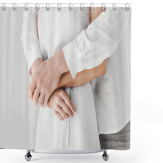 Personality  Cropped Image Of Man In Linen Clothes Embracing Girlfriend Isolated On Grey Background Shower Curtains