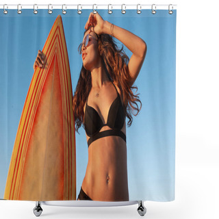 Personality  Charming Slim Dark-haired Girl In A Swimsuit And Sunglasses Stands Near Yellow Surfboard On A Sunny Day Shower Curtains