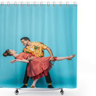 Personality  Handsome Dancer Supporting Partner While Dancing Boogie-woogie On Blue Background Shower Curtains